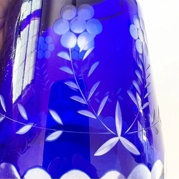 Bohemian Glass Cobalt Blue Cut to Clear Crystal Water Decanter Flask Vase No Cup - Picture 7 of 10